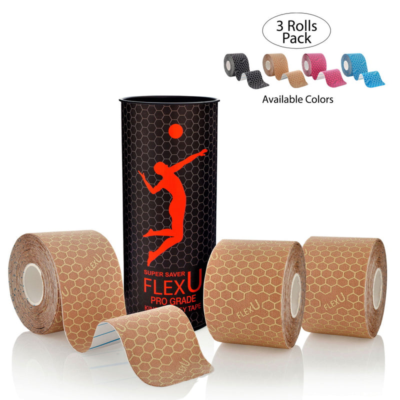 FlexU Kinesiology Tape 3 rolls Pack, (60 Pre-Cut 10” strips), Beige