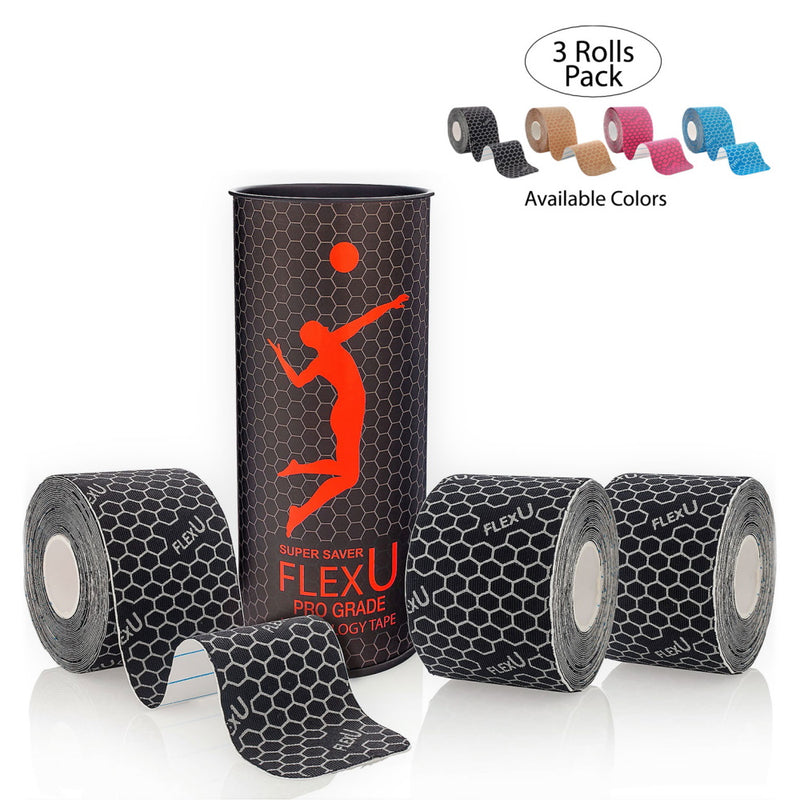 FlexU Kinesiology Tape 3 rolls Pack, (60 Pre-Cut 10” strips), Black