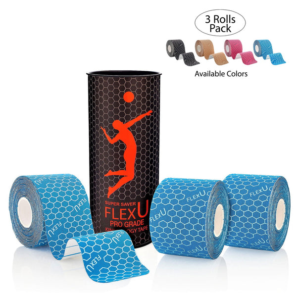 FlexU Kinesiology Tape 3 rolls Pack, (60 Pre-Cut 10” strips), Blue