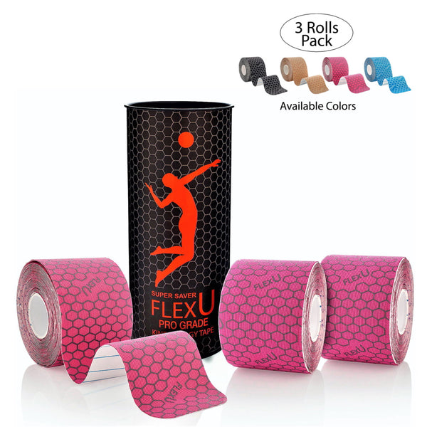 FlexU Kinesiology Tape 3 rolls Pack, (60 Pre-Cut 10” strips), Pink